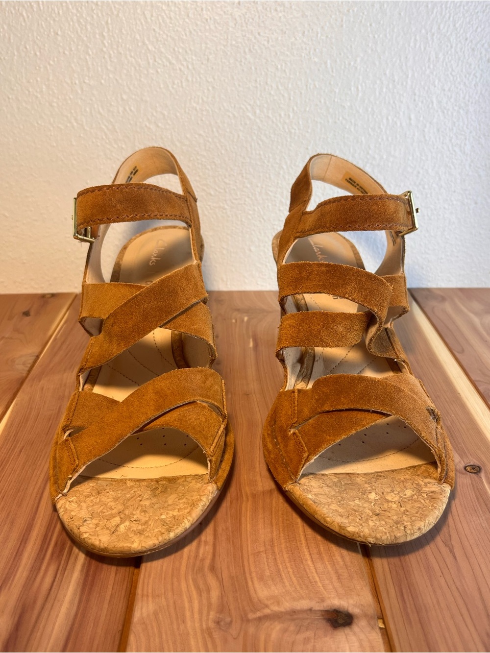 Clarks Women's Suede Strappy Wedge Sandals - Brown/Tan